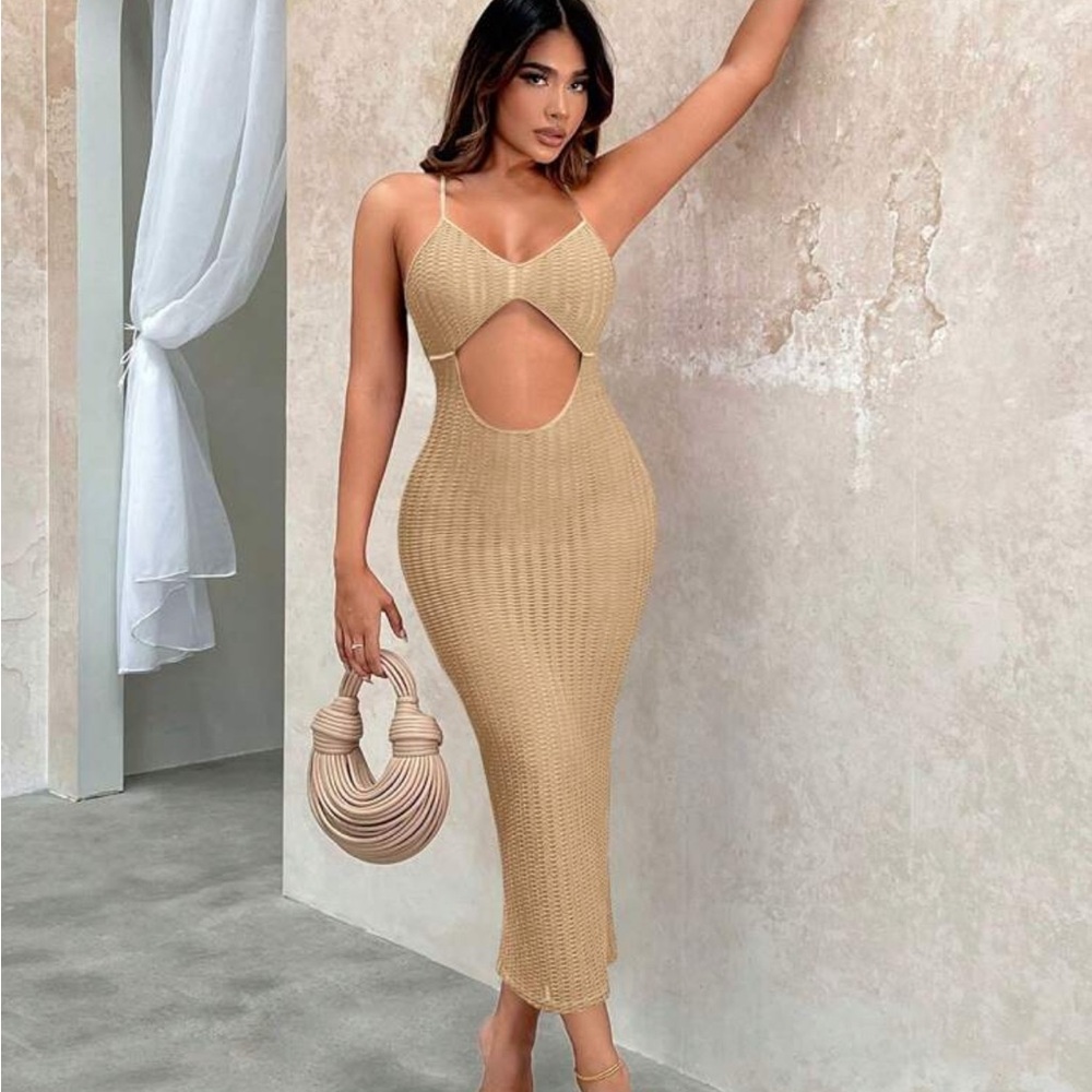 SHEIN Tan Ribbed Bodycon Maxi Dress